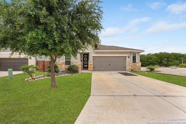 view of front facade featuring stone siding, concrete driveway, a front yard, and a garage