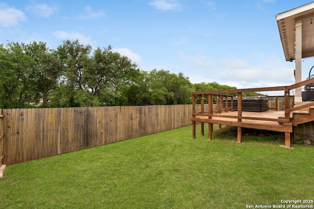view of yard featuring a fenced backyard and a wooden deck