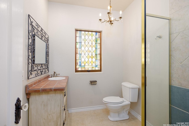 full bathroom with tile patterned floors, vanity, an inviting chandelier, baseboards, and toilet