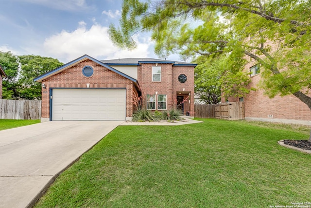 traditional home with a garage, fence, a front yard, brick siding, and concrete driveway