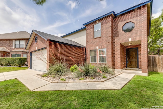 view of front of property with fence, an attached garage, brick siding, a front yard, and concrete driveway