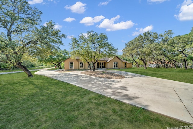 view of front of home featuring a front lawn, stucco siding, and curved driveway