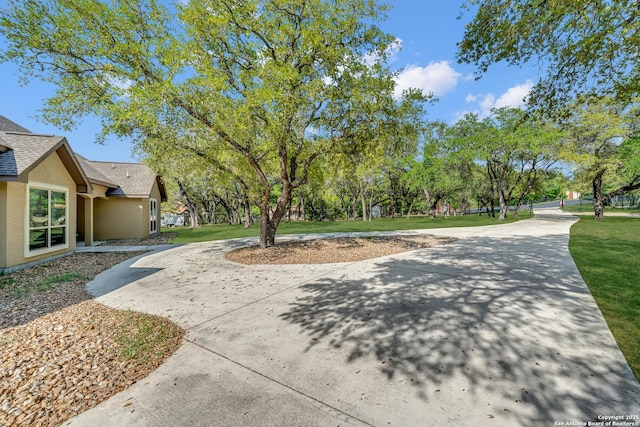 view of community featuring a lawn and curved driveway