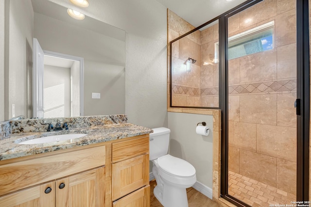 bathroom featuring a shower stall, toilet, and vanity