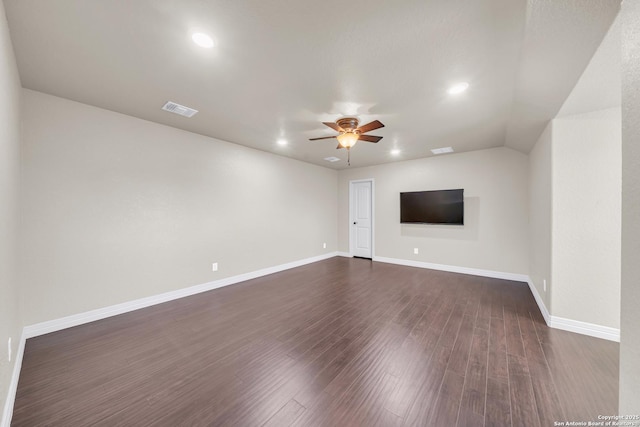 unfurnished living room featuring dark wood finished floors, baseboards, visible vents, recessed lighting, and ceiling fan