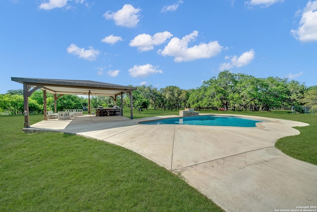 outdoor pool with a yard, a patio, and a ceiling fan