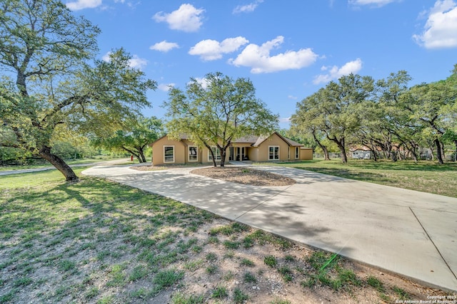 view of front of house with stucco siding, a front yard, and curved driveway
