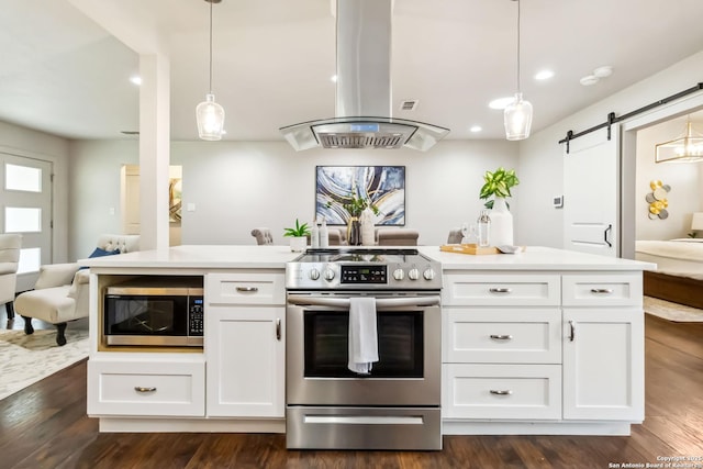 kitchen with stainless steel appliances, island exhaust hood, a barn door, open floor plan, and white cabinetry