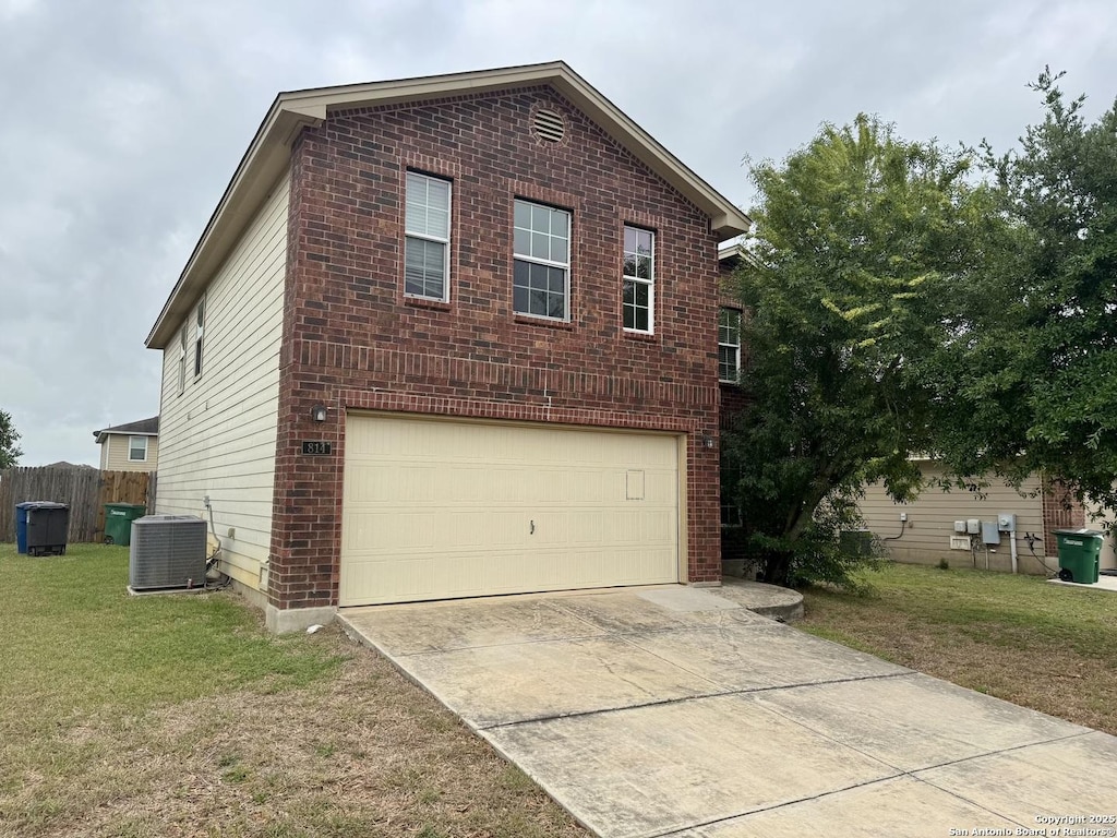 814 Six Iron, San Antonio, TX 78221 - view of property exterior featuring an attached garage, driveway, brick siding, and central AC unit