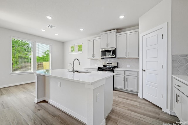6031 Calgary Park, San Antonio, TX 78233 - kitchen featuring stainless steel appliances, a sink, decorative backsplash, an island with sink, and light wood finished floors