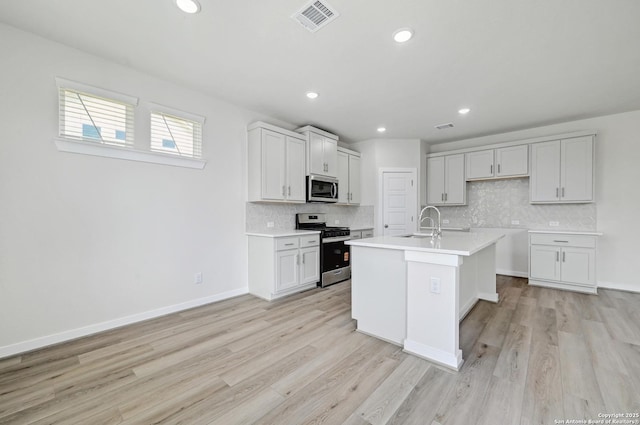 6031 Calgary Park, San Antonio, TX 78233 - kitchen with stainless steel appliances, decorative backsplash, light wood-style flooring, a sink, and recessed lighting