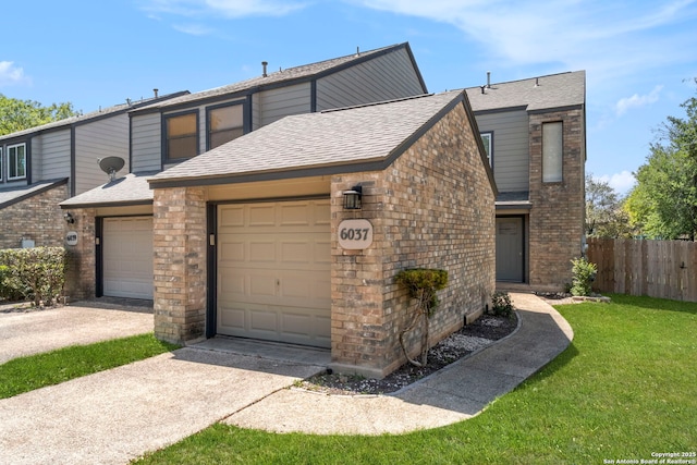 townhome / multi-family property with concrete driveway, a front lawn, fence, a garage, and roof with shingles