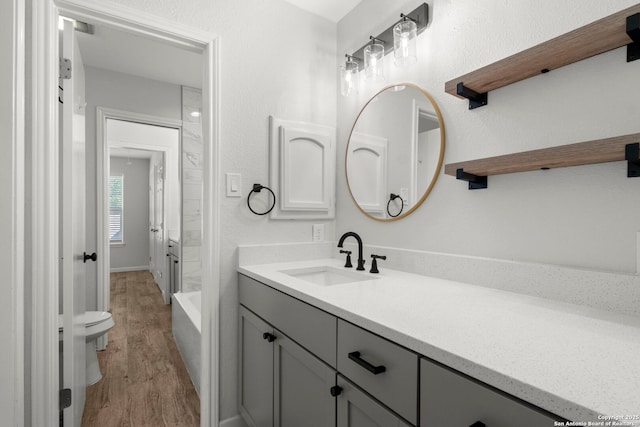 full bath with wood finished floors, toilet, vanity, and a bathtub
