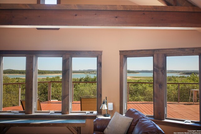 interior space with a water view