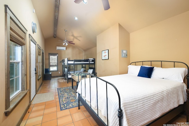 bedroom with lofted ceiling with beams, a wall mounted AC, and light tile patterned floors