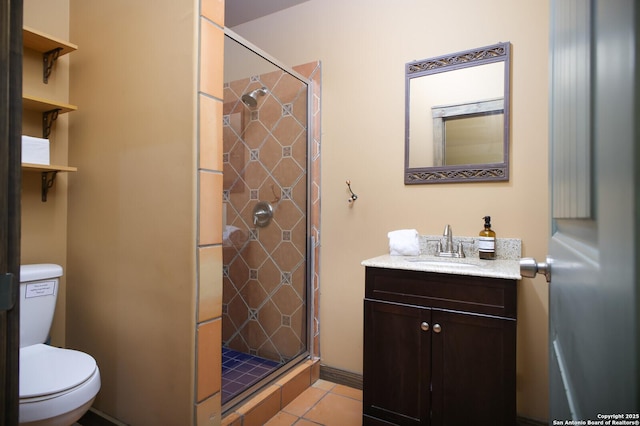 full bathroom with a shower stall, toilet, vanity, and tile patterned flooring