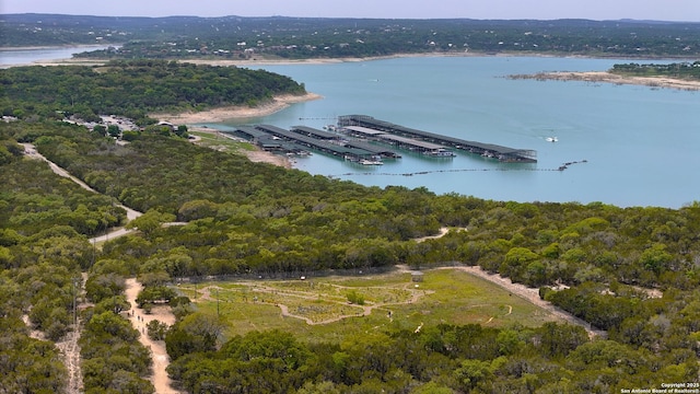 birds eye view of property with a view of trees and a water view