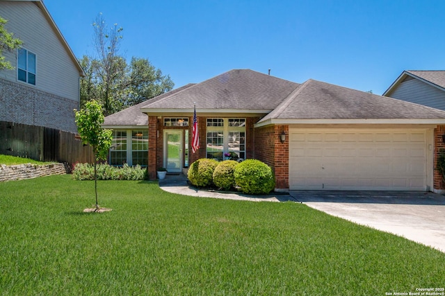 1106 Crystal Spg, San Antonio, TX 78258 - single story home with concrete driveway, a front lawn, fence, a garage, and brick siding