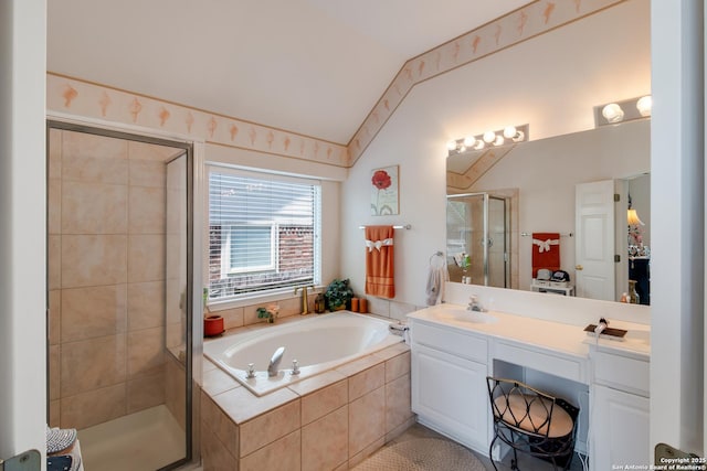 1106 Crystal Spg, San Antonio, TX 78258 - bathroom with a bath, vaulted ceiling, vanity, and a stall shower
