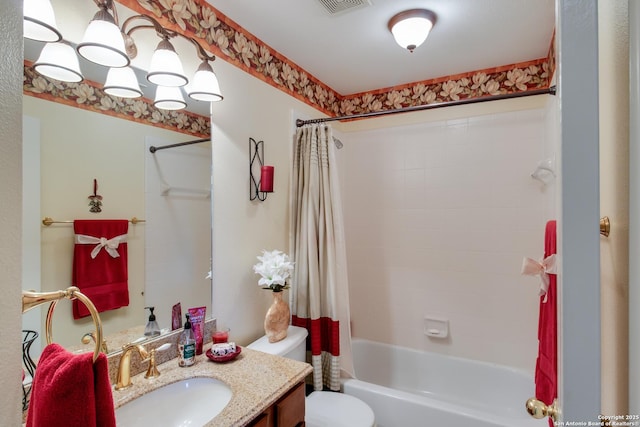 1106 Crystal Spg, San Antonio, TX 78258 - bathroom featuring visible vents, toilet, vanity, and shower / bathtub combination with curtain