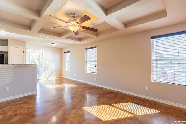 interior space featuring ceiling fan, coffered ceiling, visible vents, and baseboards