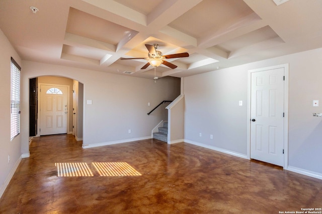 foyer entrance with beamed ceiling, a ceiling fan, stairs, and coffered ceiling