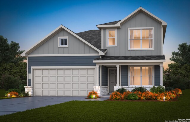 view of front of home featuring board and batten siding, a shingled roof, concrete driveway, and covered porch