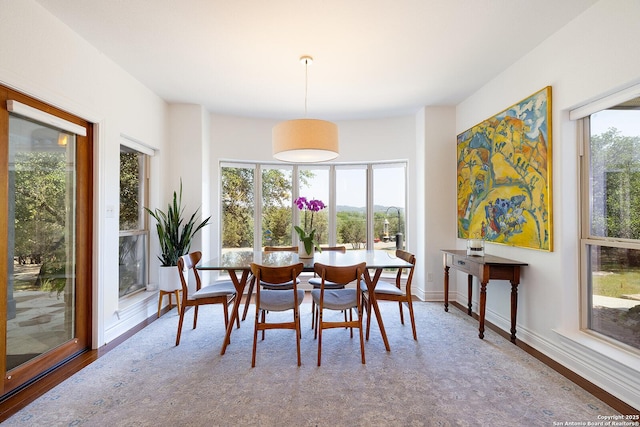 dining space with baseboards and wood finished floors