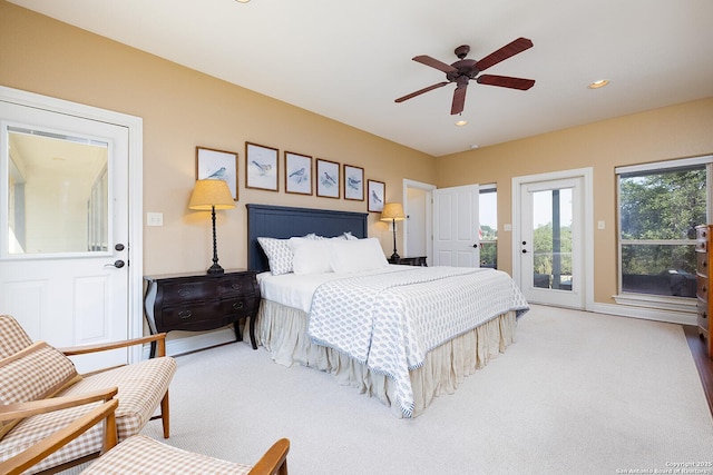 bedroom featuring baseboards, recessed lighting, a ceiling fan, access to outside, and carpet floors