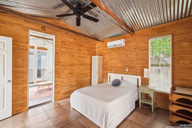 tiled bedroom featuring lofted ceiling with beams, wooden walls, and a wall mounted air conditioner
