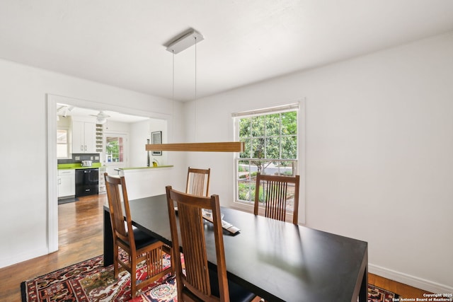dining area featuring wood finished floors, baseboards, and plenty of natural light