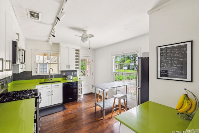 kitchen with a sink, stainless steel appliances, rail lighting, white cabinetry, and visible vents