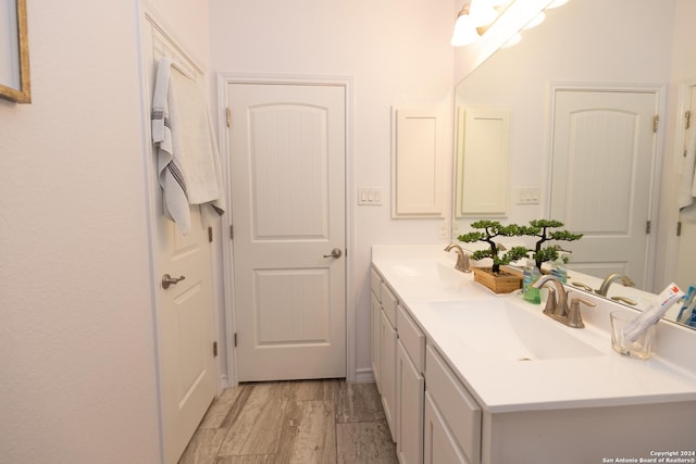 bathroom featuring wood finished floors, a sink, and double vanity