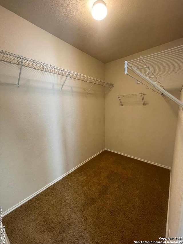 spacious closet featuring dark colored carpet