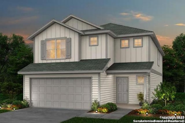 11264 Long Rider, San Antonio, TX 78254 - view of front facade with board and batten siding, a garage, concrete driveway, and a shingled roof