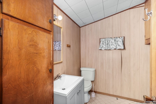 bathroom featuring wood walls, vanity, and toilet