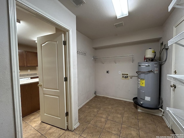 laundry area with laundry area, visible vents, electric dryer hookup, washer hookup, and water heater