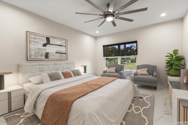 18262 Maureen Path, Lytle, TX 78052 - bedroom with light marble finish floors, recessed lighting, and ceiling fan
