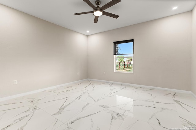 18262 Maureen Path, Lytle, TX 78052 - unfurnished room with ceiling fan, recessed lighting, and marble finish flooring