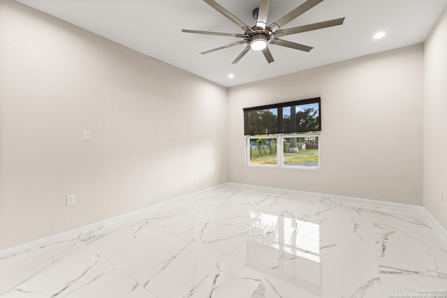 18262 Maureen Path, Lytle, TX 78052 - empty room with ceiling fan, marble tiled floors, and recessed lighting