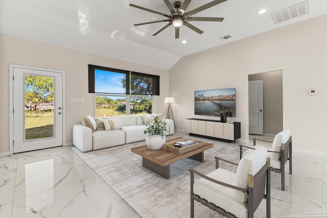 18262 Maureen Path, Lytle, TX 78052 - living room featuring light marble finish floors, a ceiling fan, lofted ceiling, and recessed lighting