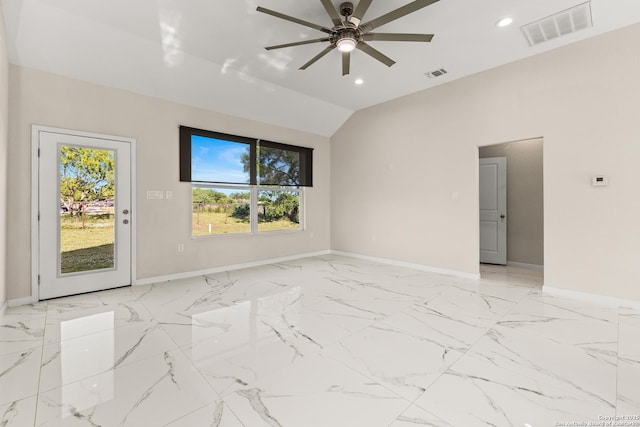 18262 Maureen Path, Lytle, TX 78052 - spare room with ceiling fan, recessed lighting, light marble finish floors, and lofted ceiling