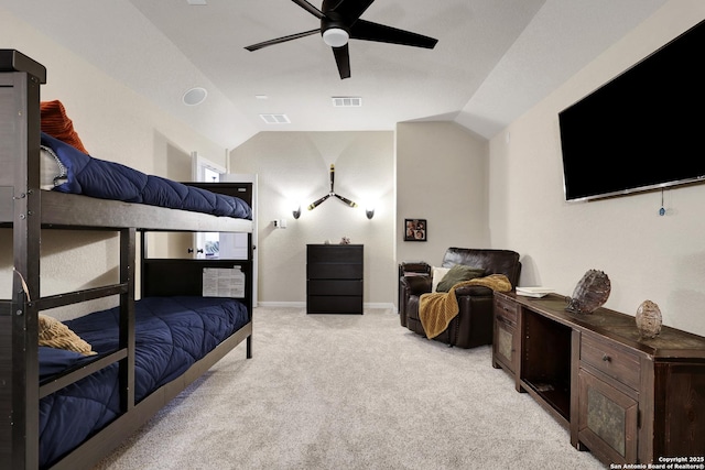 bedroom featuring lofted ceiling, light carpet, ceiling fan, and baseboards