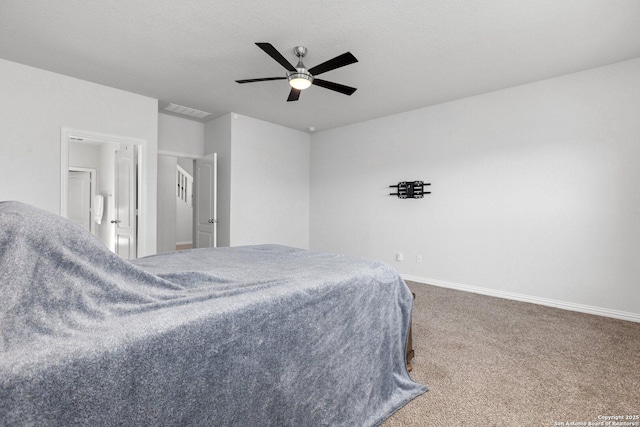 bedroom featuring visible vents, carpet flooring, baseboards, and a ceiling fan