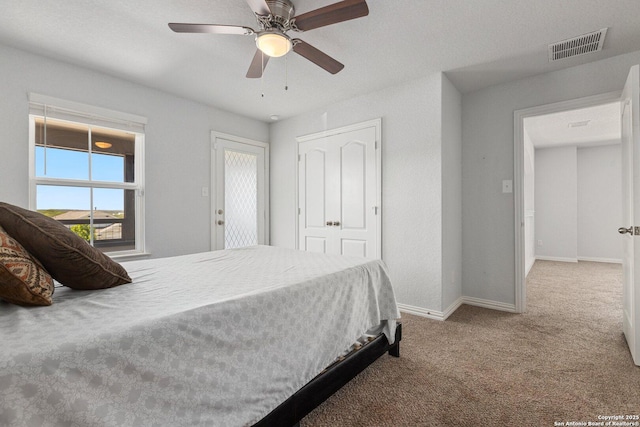 6772 Concho, Schertz, TX 78108 - bedroom with baseboards, a ceiling fan, visible vents, and carpet