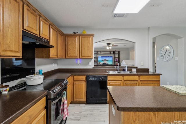 kitchen featuring a ceiling fan, a sink, dishwasher, electric range, and under cabinet range hood