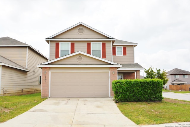 traditional home with a garage, concrete driveway, a shingled roof, a front yard, and brick siding