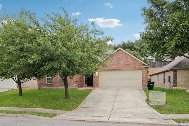view of front facade featuring concrete driveway, brick siding, an attached garage, and a front lawn