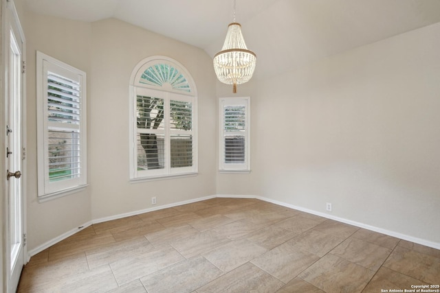 22010 Dolomite, San Antonio, TX 78259 - empty room with baseboards, plenty of natural light, lofted ceiling, and a chandelier