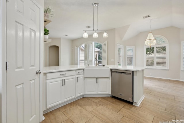 22010 Dolomite, San Antonio, TX 78259 - kitchen featuring light countertops, hanging light fixtures, visible vents, and dishwasher